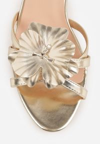 Born2be - Złote Klapki na Szpilce z Aplikacją Kwiatka Valanna. Okazja: na co dzień. Kolor: złoty. Materiał: jeans. Wzór: aplikacja, kwiaty. Obcas: na szpilce. Styl: casual, elegancki #9
