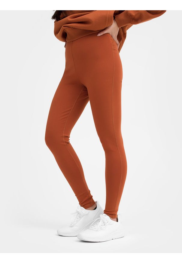 4f - 4F Legginsy dzianinowe damskie XS. Okazja: na co dzień. Stan: podwyższony. Kolor: brązowy. Materiał: dzianina. Długość: do kostek. Styl: casual