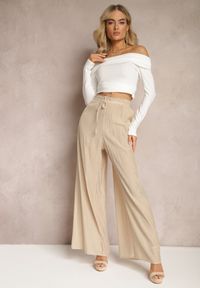 Renee - Beżowe Wiskozowe Spodnie Szerokie z Gumką i Sznurkiem w Pasie Tarallia. Okazja: na co dzień. Kolor: beżowy. Materiał: wiskoza. Styl: elegancki, casual #6