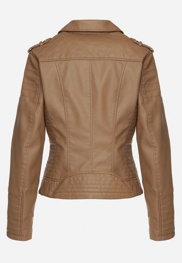 Born2be - Brązowa Kurtka Ramoneska z Ekoskóry Zapinana Asymetrycznie na Suwak z Przeszyciami Passaflora. Okazja: na co dzień. Kolor: brązowy. Materiał: jeans. Styl: casual, klasyczny, rockowy