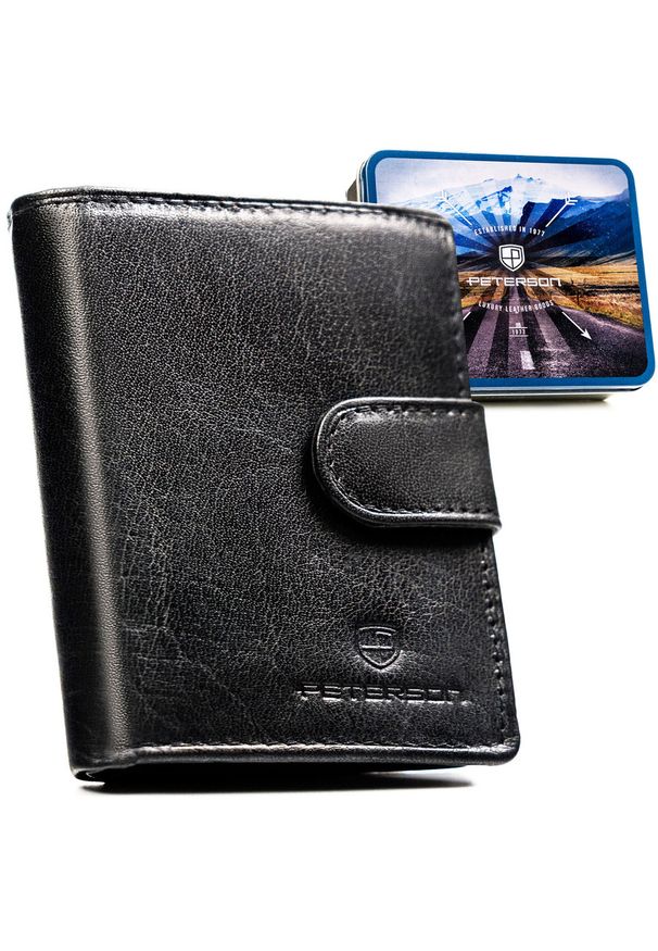 Portfel męski ze skóry naturalnej w czarnym kolorze, model zamykany zatrzaskiem - Peterson. Kolor: czarny. Materiał: skóra