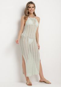 Born2be - Zielona Dopasowana Sukienka Ażurowa z Wiązaniem i Rozcięciami Irvalia. Kolor: zielony. Wzór: ażurowy. Styl: klasyczny #3