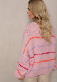 Renee - Różowy Sweter Obszyty Kolorowymi Nitkami z Wełną Romizelle. Kolor: różowy. Materiał: wełna. Długość rękawa: długi rękaw. Długość: długie. Wzór: kolorowy. Styl: elegancki #2