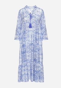 Born2be - Niebieska Rozkloszowana Sukienka w Stylu Boho Wiązana przy Dekolcie z Falbankami Dimasia. Okazja: na spacer. Typ kołnierza: kołnierz z falbankami. Kolor: niebieski. Materiał: materiał. Styl: boho #2