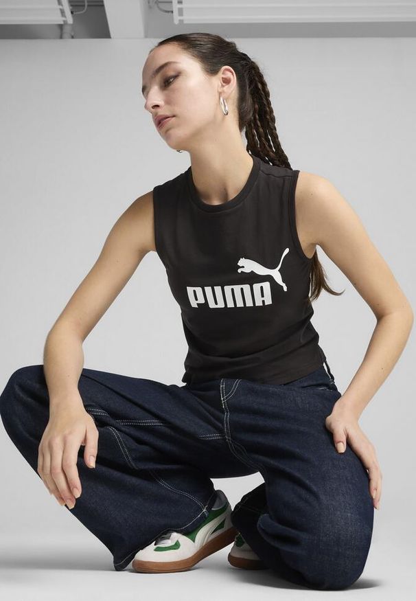 Puma - Damska wąska koszulka bez rękawów z logo No. 1 ESS PUMA Black. Kolor: czarny. Materiał: guma. Długość rękawa: bez rękawów. Wzór: nadruk