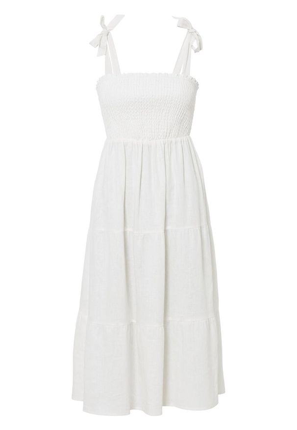 Sukienka midi lniana bonprix biel wełny. Kolor: biały. Materiał: wełna, len. Długość rękawa: na ramiączkach. Długość: midi