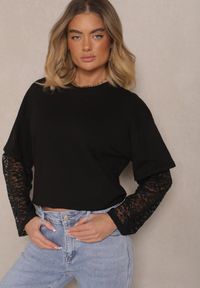 Renee - Czarna Bluzka T-shirt o Kroju Oversize z Rękawami z Koronki Dillifia. Okazja: na co dzień. Kolor: czarny. Materiał: koronka. Wzór: koronka. Styl: casual, elegancki