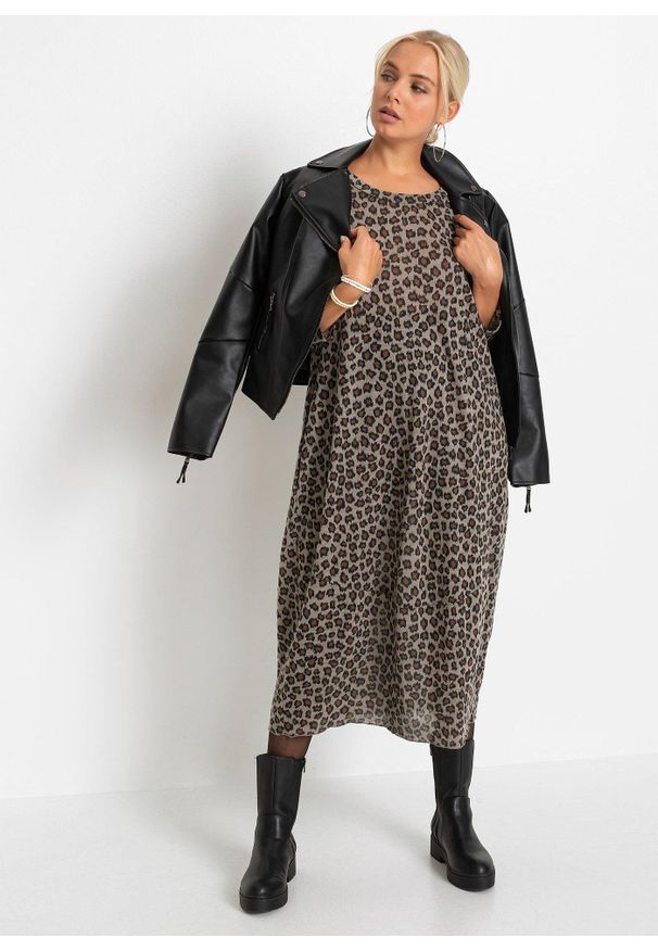 bonprix - Sukienka bombka shirtowa. Kolor: brązowy. Wzór: nadruk. Typ sukienki: bombki. Styl: elegancki. Długość: midi, maxi