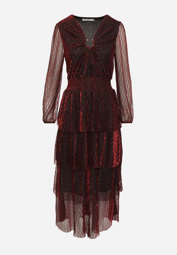 Born2be - Bordowa Rozkloszowana Sukienka Ozdobiona Metaliczną Nicią z Falbankami Wetarvia. Typ kołnierza: kołnierz z falbankami. Kolor: czerwony. Długość rękawa: długi rękaw. Wzór: aplikacja. Styl: elegancki