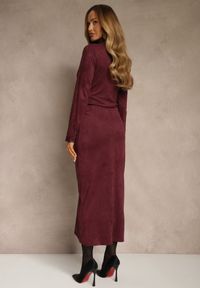 Renee - Bordowa Marszczona Sukienka z Imitacji Zamszu o Koszulowym Kroju Esora. Okazja: na randkę. Typ kołnierza: dekolt w serek. Kolor: czerwony. Materiał: zamsz. Typ sukienki: koszulowe #2