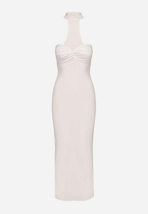 Born2be - Biała Sukienka z Wiskozą Zdobiona Marszczeniem i Rozcięciem Lunwena. Okazja: na ślub cywilny, na wesele, na imprezę. Kolor: biały. Materiał: wiskoza. Wzór: aplikacja. Styl: klasyczny