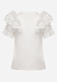 Renee - Biały T-shirt z Bawełny Ozdobiony Bufiastymi Falbankami Kandrra. Typ kołnierza: kołnierz z falbankami. Kolor: biały. Materiał: bawełna. Wzór: aplikacja #6