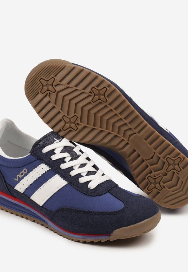 Born2be - Niebieskie Sneakersy z Ozdobnymi Paskami na Nieregularnej Podeszwie Kolarina. Okazja: na co dzień. Zapięcie: pasek. Kolor: niebieski. Materiał: jeans. Wzór: paski