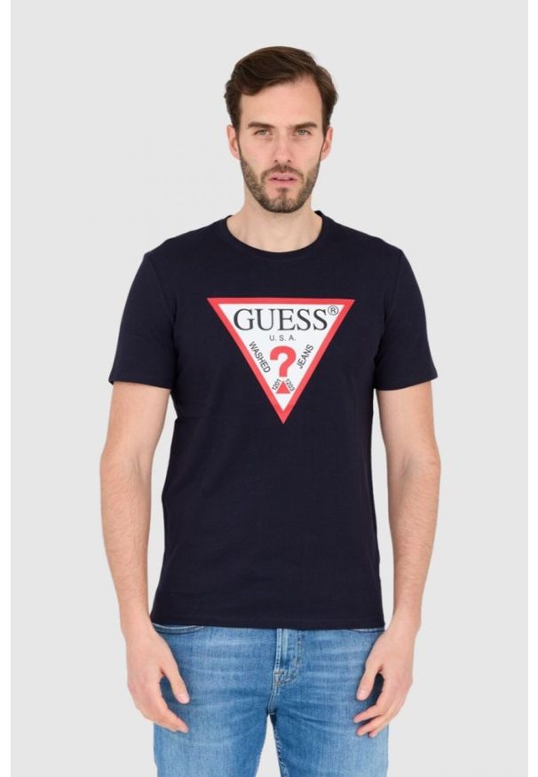 Guess - GUESS Granatowy męski t-shirt bawełniany slim fit, Rozmiar XL. Kolor: niebieski. Materiał: bawełna