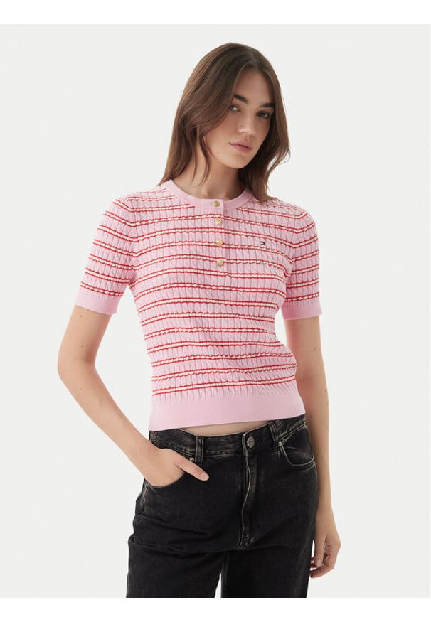 TOMMY HILFIGER - Tommy Hilfiger Sweter WW0WW49613 Różowy jasny Slim Fit. Kolor: różowy. Materiał: bawełna