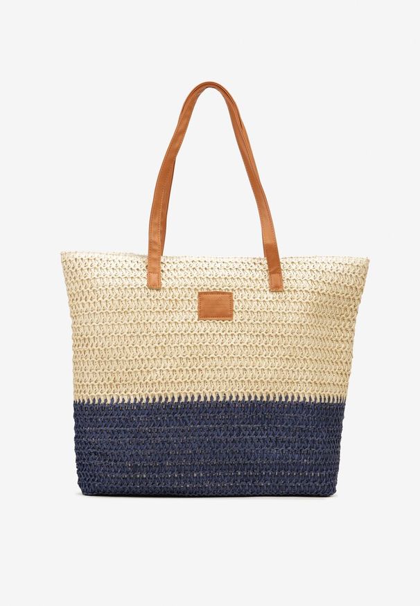 Born2be - Beżowo-Granatowa Torebka Boho z Papierowej Plecionki o Fasonie Tote na Suwak Jabba. Kolor: beżowy. Sezon: lato. Styl: boho