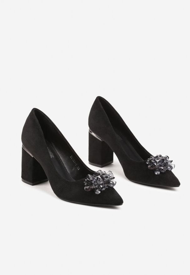 Renee - Czarne Czółenka z Noskiem w Szpic na Słupku z Aplikacją z Kryształków Sovtia. Okazja: na co dzień. Kolor: czarny. Materiał: jeans. Wzór: aplikacja. Obcas: na słupku. Styl: elegancki, casual. Wysokość obcasa: średni