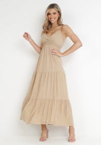 Born2be - Beżowa Bawełniana Sukienka Maxi z Ażurową Gumką w Pasie Emmaya. Kolor: beżowy. Materiał: bawełna. Wzór: ażurowy. Sezon: lato. Długość: maxi #1