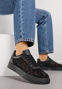 Renee - Czarne Cyrkoniowe Sneakersy na Platformie Lilaela. Okazja: na co dzień. Kolor: czarny. Materiał: jeans. Obcas: na platformie #6