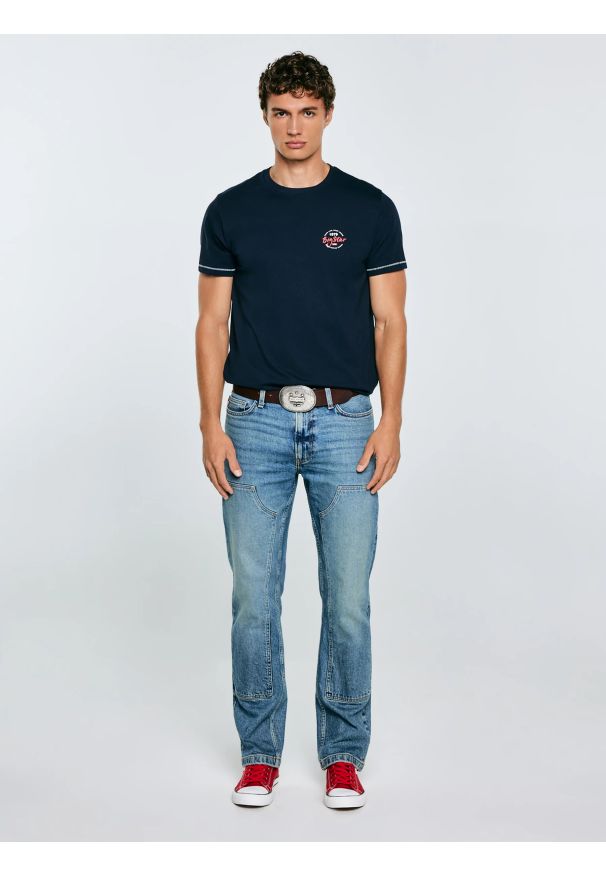 Big-Star - Koszulka męska z kontrastowymi przeszyciami granatowa Elvin 403. Okazja: na co dzień. Kolor: niebieski. Materiał: dzianina, jeans, bawełna, materiał, skóra, denim. Wzór: nadruk. Styl: klasyczny, casual