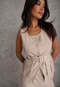 Renee - Beżowy Garniturowy Komplet z Bawełną Spodnie Wide Leg i Kamizelka Utility Aloane. Kolor: beżowy. Materiał: bawełna #7