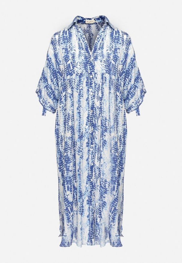 Born2be - Niebieska Sukienka z Koszulową Górą z Wiskozy w Abstrakcyjny Wzór Navila. Kolor: niebieski. Materiał: wiskoza. Sezon: wiosna, lato. Typ sukienki: koszulowe