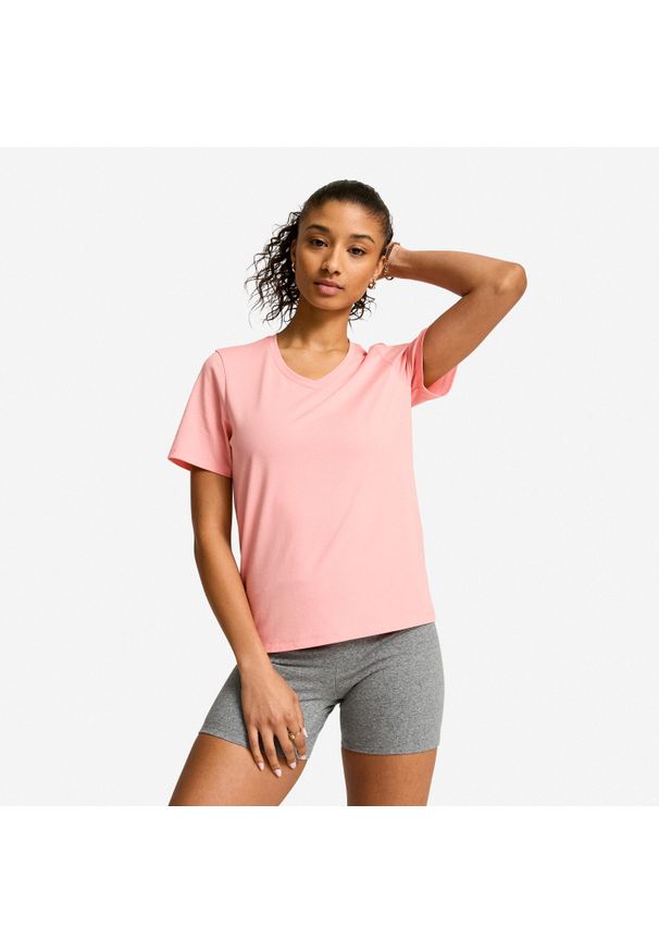 Decathlon - Koszulka fitness damska dekolt V. Typ kołnierza: dekolt w kształcie V. Kolor: różowy. Materiał: poliester, bawełna, materiał. Sport: fitness