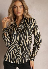 Renee - Jasnozielona Koszula z Animal Printem Deseris. Okazja: do pracy, na co dzień. Kolor: beżowy. Materiał: skóra. Wzór: nadruk. Styl: casual