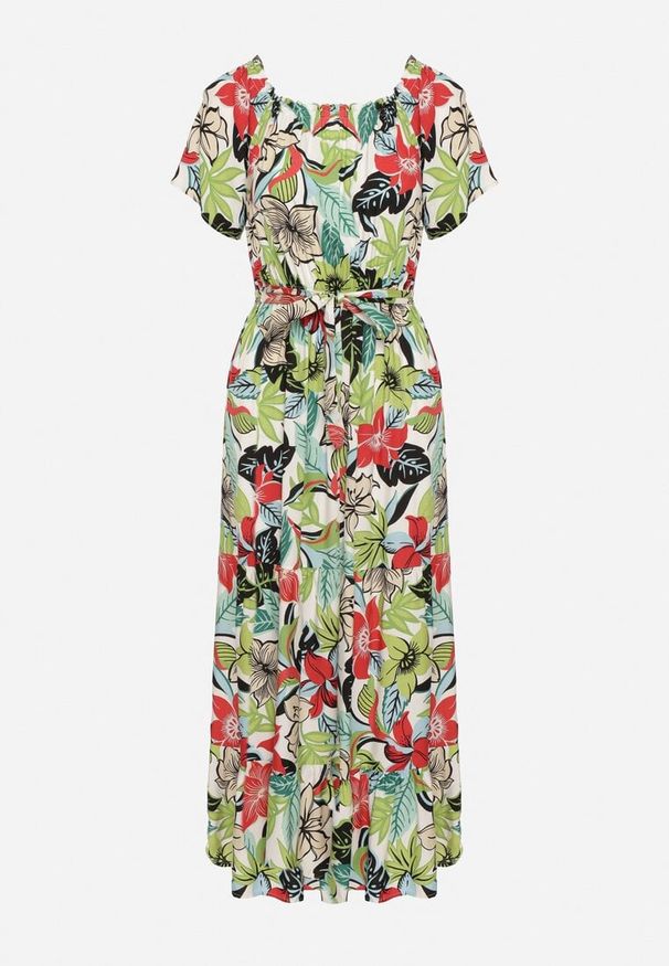 Born2be - Zielono-Różowa Sukienka z Wiskozy w Kwiaty Rozkloszowana Wiązana w Talii Quilbia. Okazja: na plażę, na spacer. Typ kołnierza: dekolt hiszpanka. Kolor: biały. Materiał: wiskoza. Długość rękawa: krótki rękaw. Wzór: kwiaty. Sezon: lato