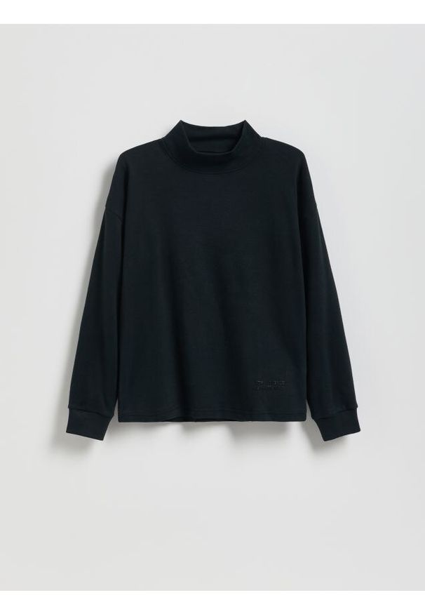 Reserved - Bawełniany longsleeve z półgolfem - czarny. Kolor: czarny. Materiał: bawełna. Długość rękawa: długi rękaw