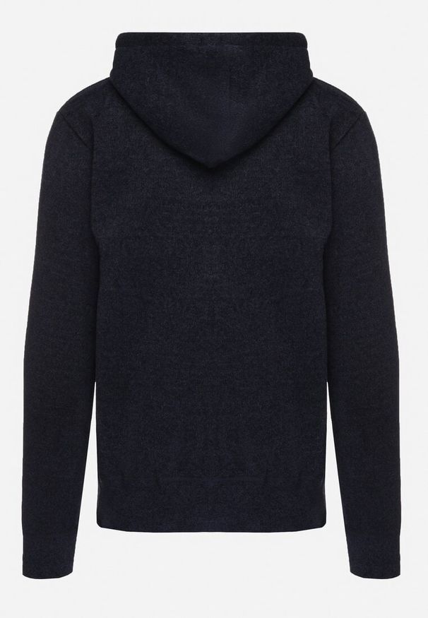 Born2be - Granatowa Bluza z Wełną i Kapturem Ozdobiona Sznurkami Karitta. Kolor: niebieski. Materiał: wełna. Wzór: aplikacja