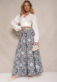 Renee - Niebieskie Szerokie Spodnie z Wiskozy High Waist w Geometryczny Wzór Firdexia. Stan: podwyższony. Kolor: niebieski. Materiał: wiskoza. Wzór: geometria. Sezon: lato. Styl: elegancki
