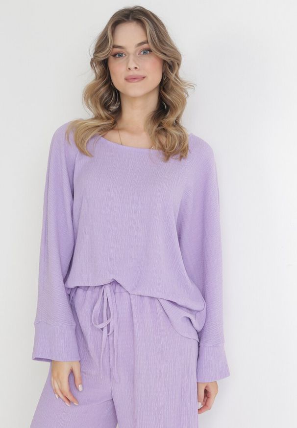 Born2be - Fioletowa Bluzka z Szerokim Rękawem 7/8 Paulet. Kolor: fioletowy. Styl: elegancki