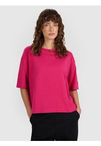 4f - 4F T-shirt oversize gładki damski - różowy L. Okazja: na co dzień. Kolor: różowy. Materiał: jersey, bawełna. Długość rękawa: krótki rękaw. Długość: krótkie. Wzór: gładki. Styl: casual, klasyczny, sportowy #1
