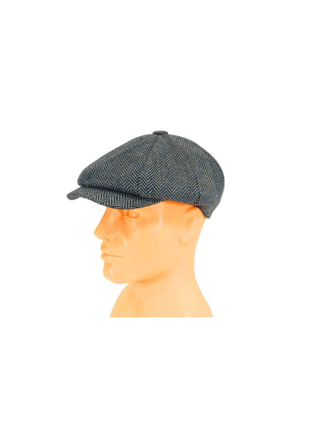 Kaszkiet Granatowy w Jodełkę Jesienno-Zimowy, z Dodatkiem Wełny, z Gumką -Pako Jeans. Kolor: niebieski. Materiał: poliester, wełna. Wzór: jodełka. Sezon: jesień, zima