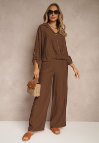 Renee - Brązowy Komplet z Wiskozy w Stylu Oversize Szerokie Spodnie i Luźna Koszula na Guziki Natinne. Kolor: brązowy. Materiał: wiskoza #3