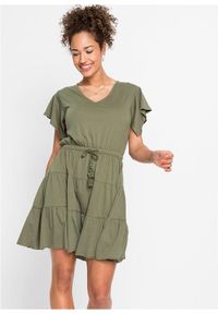 bonprix - Sukienka shirtowa z falbanami. Kolor: zielony