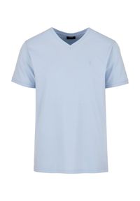 Ochnik - Błękitny basic T-shirt męski z logo. Kolor: niebieski. Materiał: bawełna. Długość: krótkie. Wzór: aplikacja