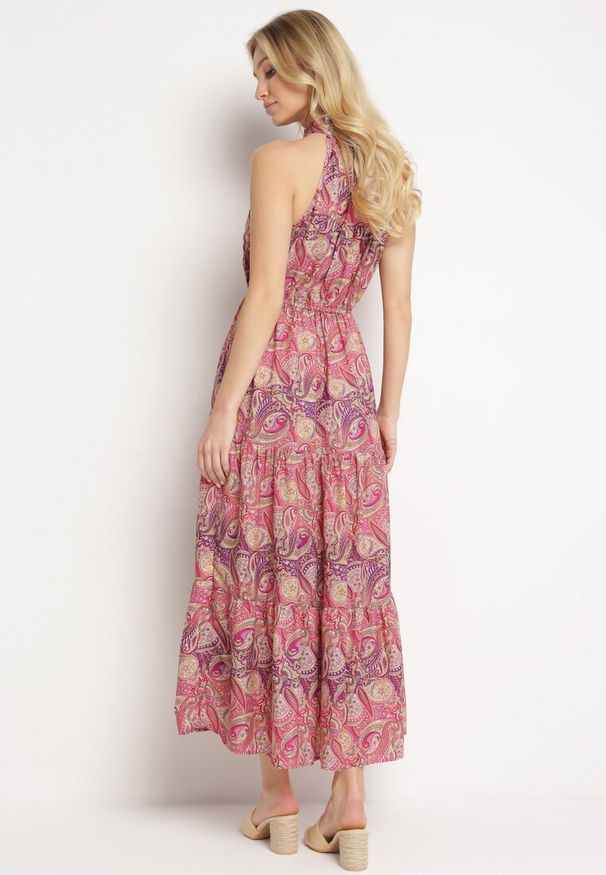 Born2be - Fioletowo-Różowa Rozkloszowana Sukienka z Gumkami w Talii Wiązana przy Dekolcie Vrisa. Okazja: na co dzień. Typ kołnierza: dekolt w kształcie V. Kolor: fioletowy. Sezon: lato. Typ sukienki: rozkloszowane. Styl: elegancki, casual