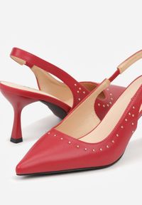 Renee - Czerwone Sandały Slingback na Szpilce z Aplikacją z Nitami Sewluna. Kolor: czerwony. Materiał: koronka. Wzór: aplikacja. Obcas: na szpilce. Styl: elegancki. Wysokość obcasa: średni #2