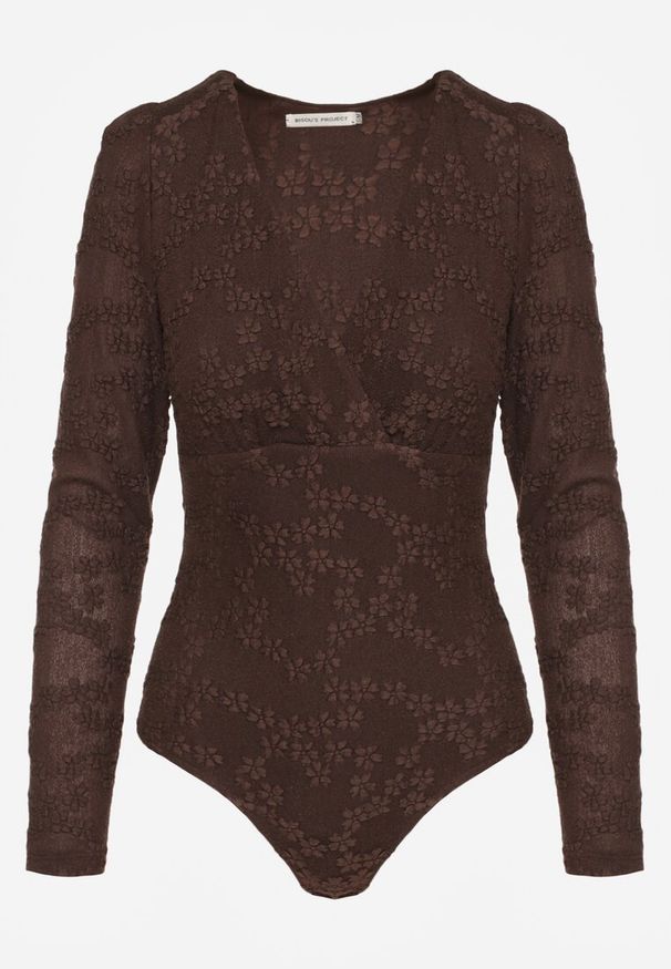 Renee - Brązowe Body Longsleeve z Kopertowym Dekoltem w Kwiatowy Print Zenneva. Typ kołnierza: dekolt w kształcie V. Kolor: brązowy. Długość rękawa: długi rękaw. Długość: długie. Wzór: kwiaty, nadruk