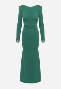 Born2be - Ciemnozielona Taliowana Sukienka z Długim Rękawem z Piórami i Odkrytymi Plecami Emelira. Kolor: zielony. Materiał: skóra. Długość rękawa: długi rękaw. Wzór: aplikacja. Styl: elegancki #6