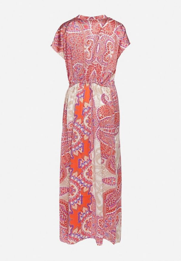 Born2be - Różowo-Beżowa Rozkloszowana Sukienka ze Ściągaczem w Talii w Stylu Boho Dimirra. Okazja: na co dzień. Typ kołnierza: dekolt w kształcie V. Kolor: różowy. Długość rękawa: krótki rękaw. Wzór: aplikacja. Typ sukienki: proste. Styl: boho