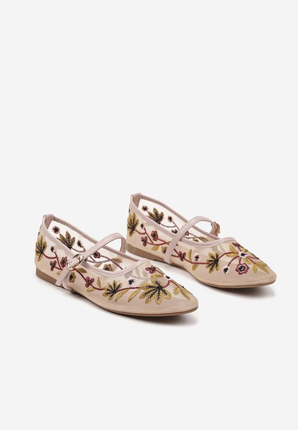 Born2be - Różowe Balerinki z Siateczki Ozdobione Haftem Zapinane na Sprzączkę Danilea. Zapięcie: sprzączka. Kolor: różowy. Wzór: aplikacja, haft