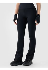 4f - 4F Legginsy z prążkowanej dzianiny damskie - czarne S. Okazja: na co dzień. Stan: podwyższony. Kolor: czarny. Materiał: dzianina, prążkowany. Długość: długie. Wzór: jednolity, prążki. Styl: casual, sportowy