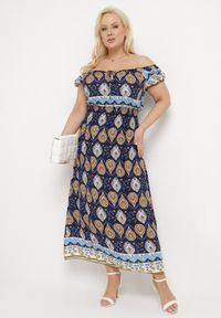Born2be - Granatowa Sukienka Bawełniana z Gumką w Talii i Mozaikowym Wzorem Vestra. Kolor: niebieski. Materiał: bawełna. Sezon: lato #4