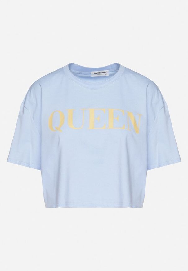 Born2be - Niebieski Bawełniany Krótki T-shirt z Napisem Velfina. Okazja: na co dzień. Kolor: niebieski. Materiał: bawełna. Długość: krótkie. Wzór: napisy. Styl: klasyczny, casual