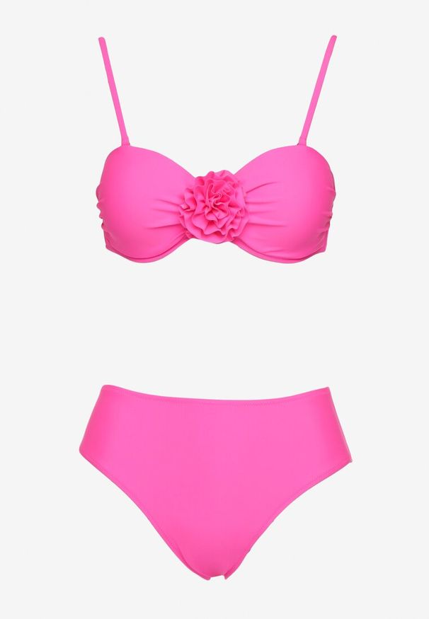 Born2be - Różowe Bikini Biustonosz z Kwiatem 3D i Majtki Typu Figi Telanea. Kolor: różowy. Wzór: kwiaty
