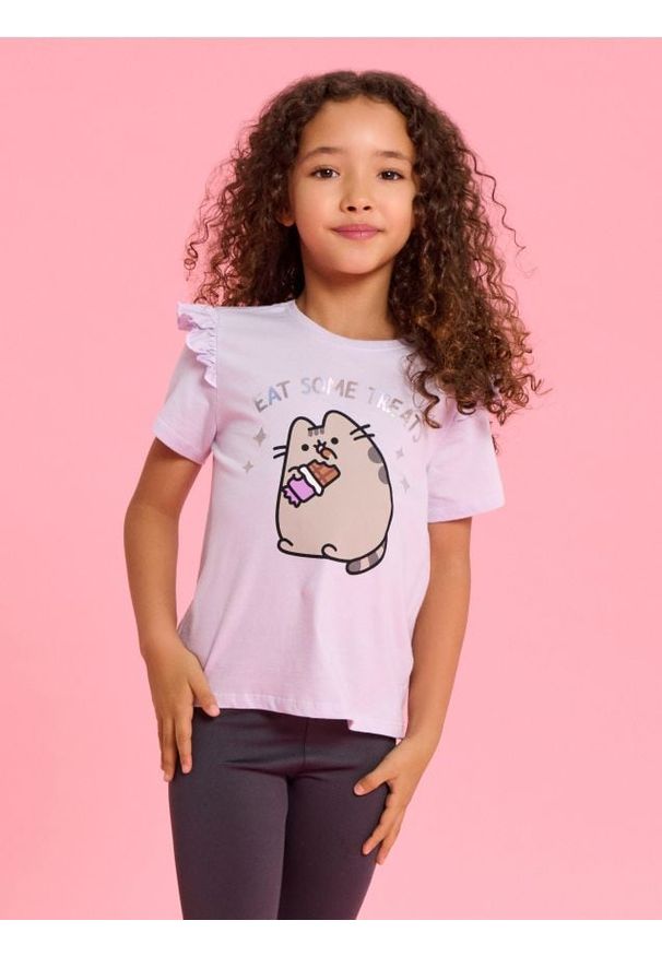 Sinsay - Bawełniana koszulka z falbanami Pusheen the Cat - fioletowy. Kolor: fioletowy. Materiał: bawełna
