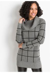 Długi sweter bonprix szary melanż - czarny w kratę. Kolor: szary. Długość: długie. Wzór: melanż #3